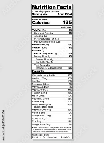 Nutrition facts label. Food information with daily value. Vector. Package template design. Data table ingredients calorie fat sugar cholesterol. Vertical display with voluntary nutrients. Illustration
