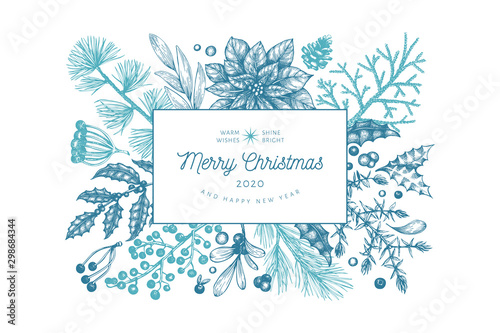 Christmas hand drawn vector greeting card template. Vintage style illustration