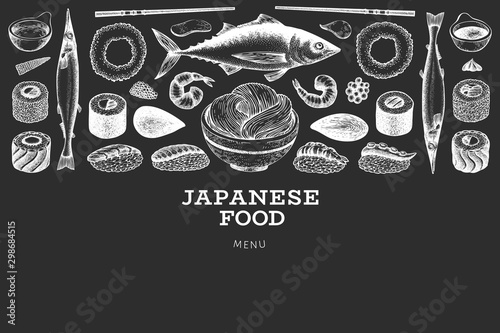 Japanese cuisine design template. Sushi hand drawn vector illustration on chalk board. Retro style asian food background.