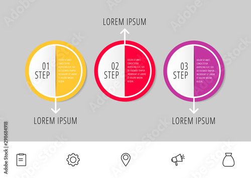 Vector infographic flat template. Circles with arrow for three diagrams, graph, flowchart, timeline, marketing, presentation. Business concept with 3 labels