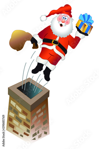 babbo natale che esce dal caminetto con regali natalizi 