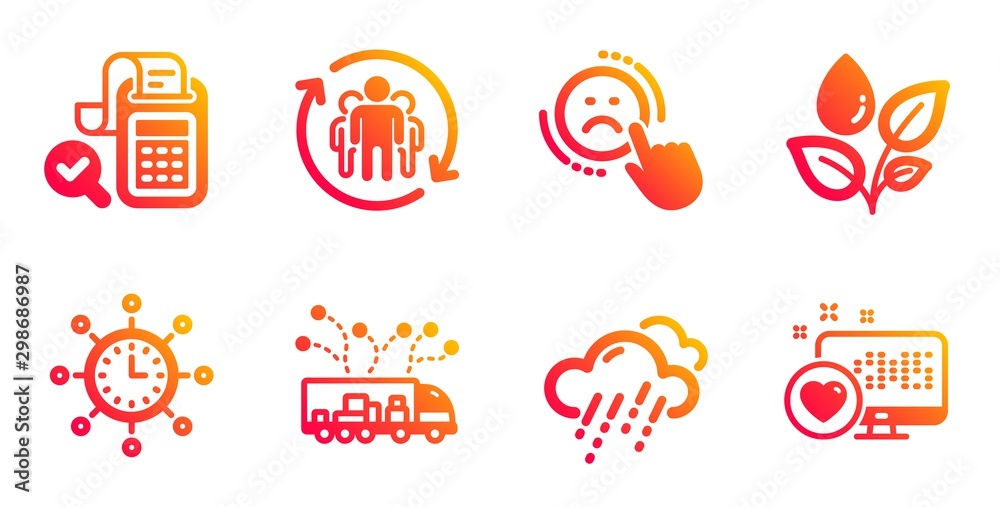 Obraz premium World time, Bill accounting and Plants watering line icons set. Rainy weather, Teamwork and Truck delivery signs. Dislike, Heart symbols. Measurement device, Audit report. Business set. Vector