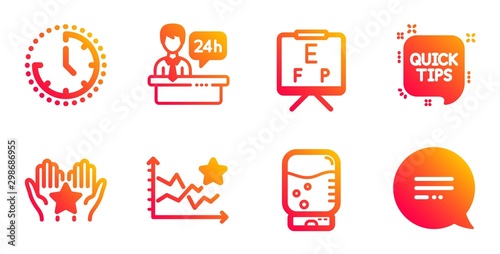 Quick tips, Ranking stars and Ranking line icons set. Reception desk, Water cooler and Vision board signs. Time, Text message symbols. Helpful tricks, Winner results. Business set. Vector