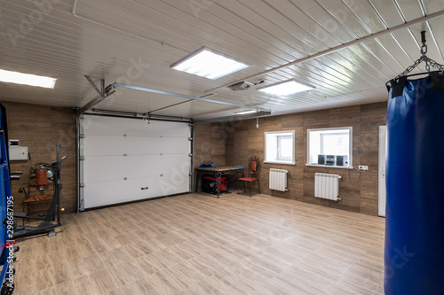 Russia, Moscow- June 11, 2019: interior room apartment. standard repair decoration in hostel. bright modern car garage