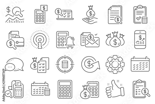 Accounting line icons. Set of Calculator, Check investment and Report icons. Calendar, Banking account and Finance accounting report document. Bill, Calculator and Wealth auditing. Vector