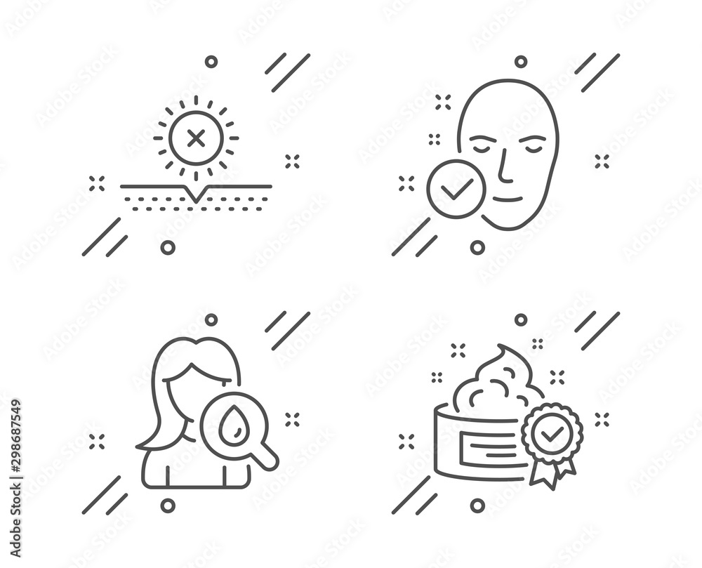 Fototapeta premium Health skin, Moisturizing cream and No sun line icons set. Cream sign. Clean face, Face lotion, Uv protect. Best lotion. Beauty set. Line health skin outline icon. Vector