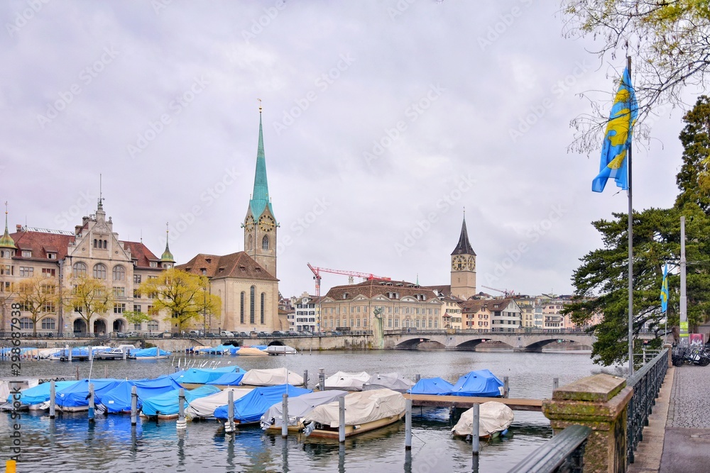 Zurich, Switzerland- may, 2019. historic Zurich city center with famous Fraumunster Church and river Limmat at Lake Zurich from Grossmunster Church. Beautiful view of the historic city center Zurich 