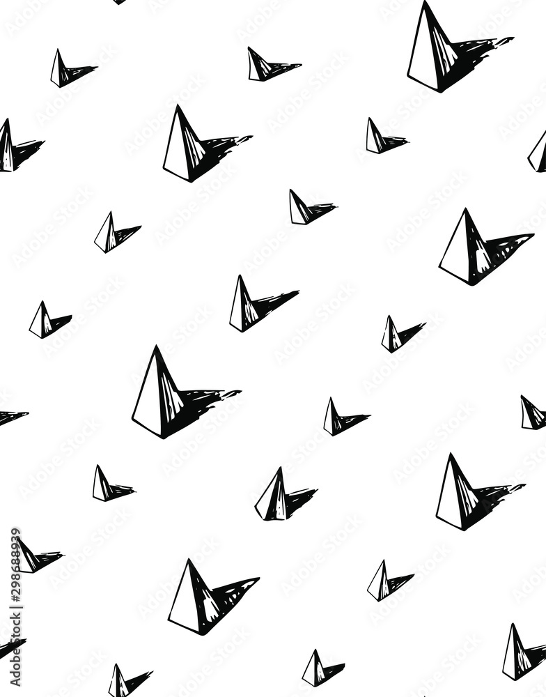 Naklejka premium vector geometric abstract seamless pattern of pyramid prisms triangles arranged in a row diagonally isolated on white background in hand drawn style