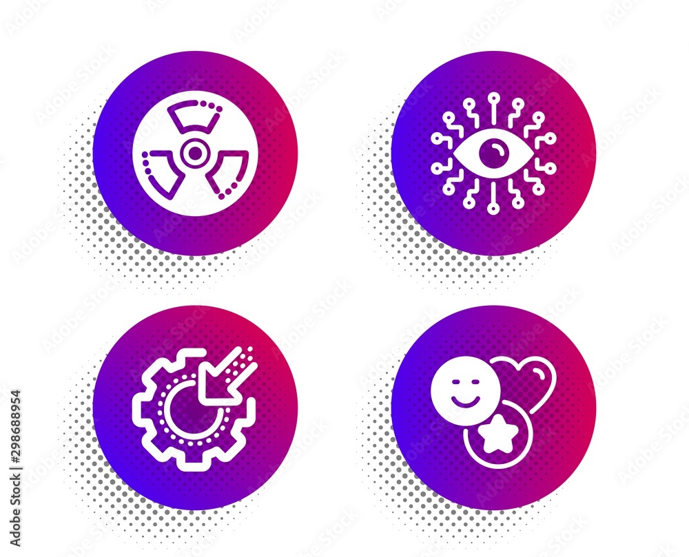 Artificial intelligence, Seo gear and Chemical hazard icons simple set. Halftone dots button. Smile sign. All-seeing eye, Cogwheel, Toxic. Social media likes. Technology set. Vector