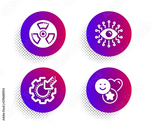 Artificial intelligence, Seo gear and Chemical hazard icons simple set. Halftone dots button. Smile sign. All-seeing eye, Cogwheel, Toxic. Social media likes. Technology set. Vector