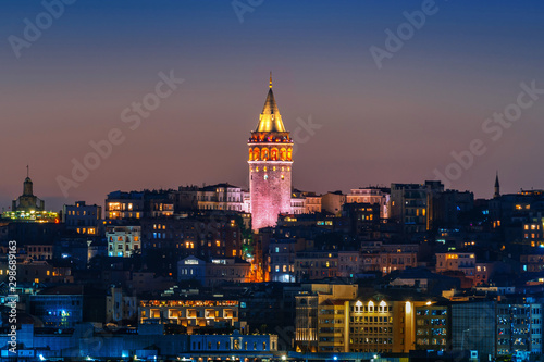 Galata Tower at night in Istanbul, Turkey.
