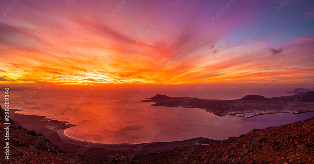 View at Atlantic ocean and La Graciosa islands at sunset, Lanzarote, Canary Islands, Spain