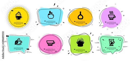 Doppio, Cooking hat and Cognac bottle line icons set. Chat bubbles with quotes. Mint leaves, Eco food and Mint tea signs. Coffee cup, Bombon coffee symbols. Chef, Brandy alcohol. Vector