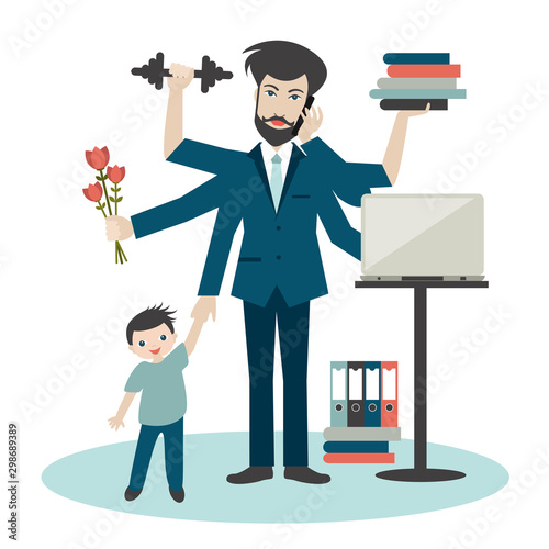 Busy multitasking man, father, dad, daddy, romantic husband, businessman, worker. Young man with son, working, calling and doing exercise at the gym. Flat vector.