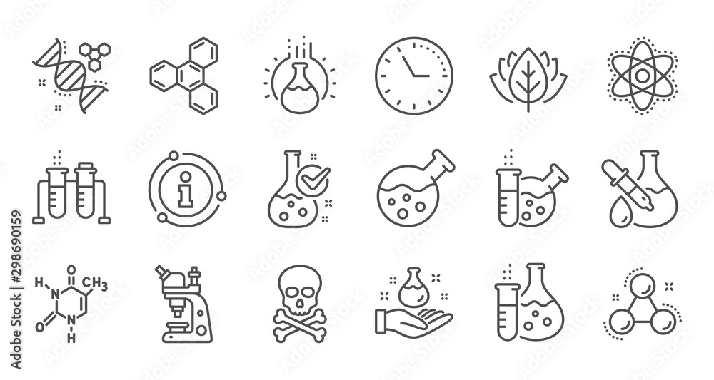 Chemistry lab line icons. Chemical formula, Microscope and Medical analysis. Laboratory test flask, reaction tube, chemistry lab icons. Linear set. Quality line set. Vector