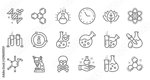 Chemistry lab line icons. Chemical formula, Microscope and Medical analysis. Laboratory test flask, reaction tube, chemistry lab icons. Linear set. Quality line set. Vector