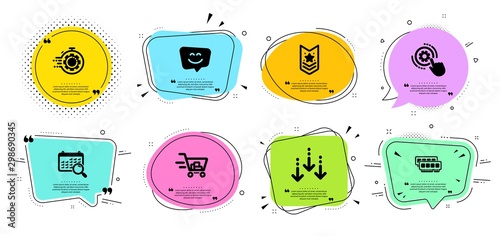 Cogwheel settings, Shoulder strap and Shopping cart line icons set. Chat bubbles with quotes. Ram, Smile face and Search calendar signs. Scroll down, Seo timer symbols. Vector