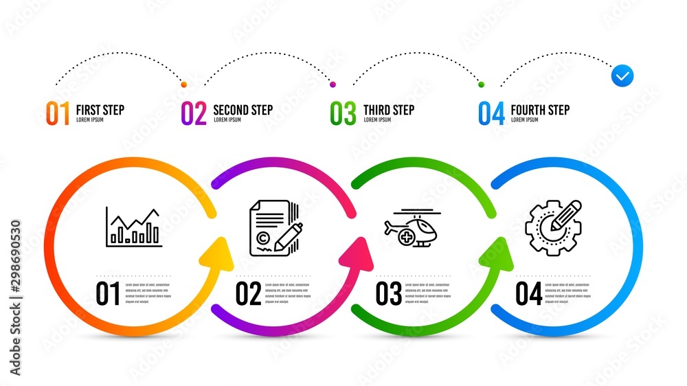 Naklejka premium Settings gear sign. Infographics timeline. Medical helicopter, Infochart and Copywriting line icons set. Sky transport, Stock exchange, Ð¡opyright signature. Technology process. Science set. Vector
