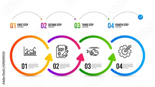 Settings gear sign. Infographics timeline. Medical helicopter, Infochart and Copywriting line icons set. Sky transport, Stock exchange, Ð¡opyright signature. Technology process. Science set. Vector