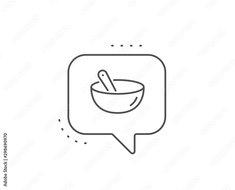 Cooking mix line icon. Chat bubble design. Bowl with spoon sign. Food preparation symbol. Outline concept. Thin line cooking mix icon. Vector