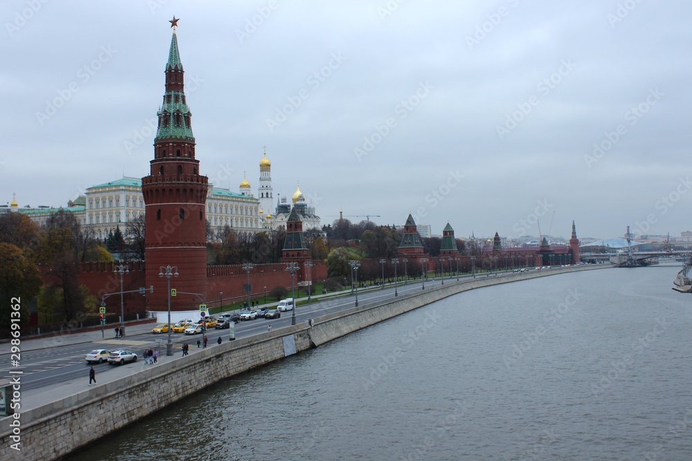 View of the Kremlin towers and the wall. Moscow. Russia.
