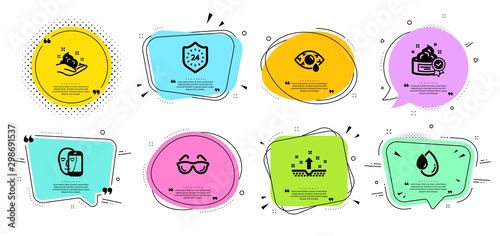 Clean skin, Skin care and Oil drop line icons set. Chat bubbles with quotes. Face biometrics, Cream and Eyeglasses signs. Ð¡onjunctivitis eye, 24 hours symbols. Cosmetics, Hand cream. Vector