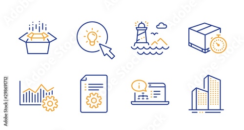 Operational excellence, Online documentation and Lighthouse line icons set. Technical documentation, Energy and Delivery timer signs. Packing boxes, Skyscraper buildings symbols. Vector