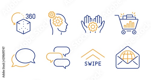 Seo shopping, Messenger and Thoughts line icons set. Employee hand, Swipe up and Augmented reality signs. Talk bubble, Web mail symbols. Analytics, Speech bubble. Technology set. Vector