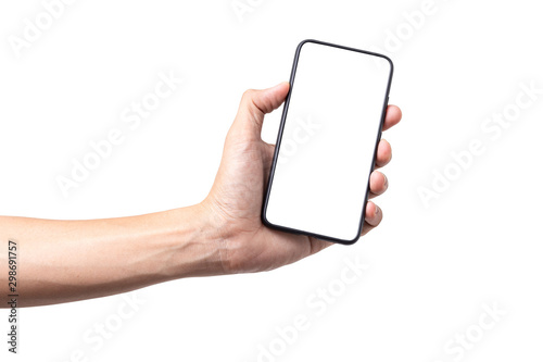 Hand man holding mobile smartphone with blank screen isolated on white background with clipping path