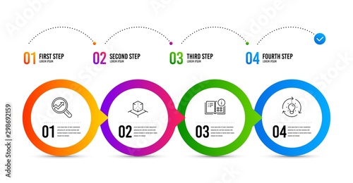 Augmented reality, Analytics and Instruction info line icons set. Timeline infographic. Idea sign. Virtual reality, Audit analysis, Project. Lightbulb. Science set. Augmented reality icon. Vector