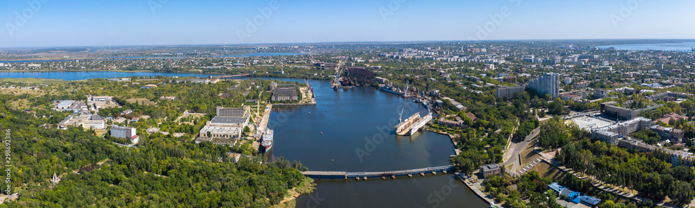 Aerial panorama view of Dock for Repair of Ships and Boats in Nikolaev. The Nikolaev city panorama.
