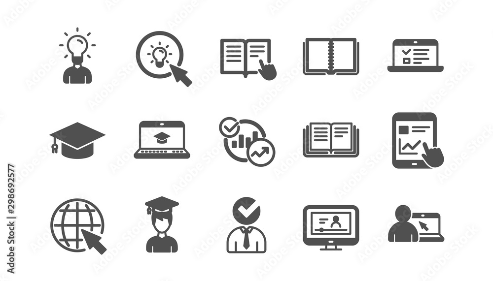 Education icons. Book, Video tutorial and Instructions. Presentation classic icon set. Quality set. Vector Education icons. Book, Video tutorial and Instructions. Presentation classic icon set. Quality set. Vector