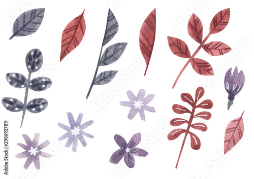 Set of colorful autumn leaves, hand drawn watercolor illustration