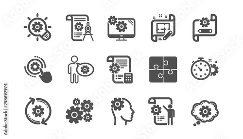 Engineering icons. Puzzle, Dividers tool and Architect plan. Engineer classic icon set. Quality set. Vector