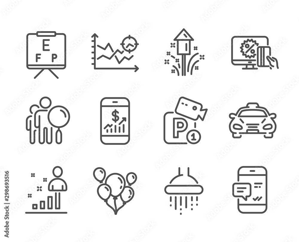 Set of Business icons, such as Taxi, Vision board, Smartphone notification, Stats, Shower, Search people, Fireworks, Mobile finance, Parking security, Balloons, Online shopping line icons. Vector Set of Business icons, such as Taxi, Vision board, Smartphone notification, Stats, Shower, Search people, Fireworks, Mobile finance, Parking security, Balloons, Online shopping line icons. Vector
