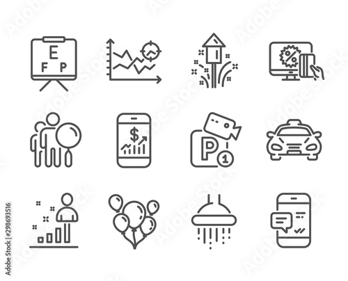 Set of Business icons, such as Taxi, Vision board, Smartphone notification, Stats, Shower, Search people, Fireworks, Mobile finance, Parking security, Balloons, Online shopping line icons. Vector