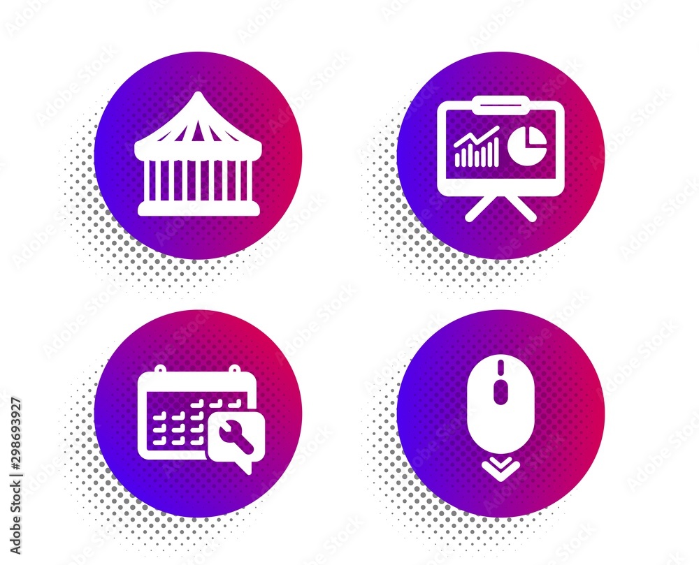 Spanner, Carousels and Presentation icons simple set. Halftone dots button. Scroll down sign. Repair service, Attraction park, Board with charts. Mouse swipe. Business set. Vector Spanner, Carousels and Presentation icons simple set. Halftone dots button. Scroll down sign. Repair service, Attraction park, Board with charts. Mouse swipe. Business set. Vector