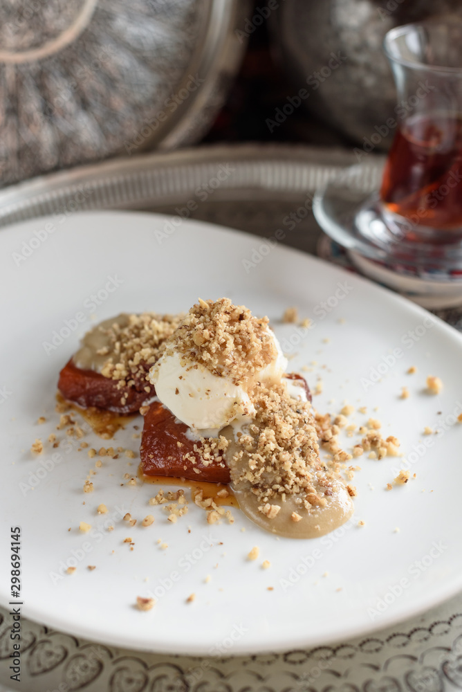 Turkish Pumpkin Dessert with Tahini, Ice Cream and Walnut, Tahinli Kabak Tatlisi. Turkish Pumpkin Dessert with Tahini, Ice Cream and Walnut, Tahinli Kabak Tatlisi.