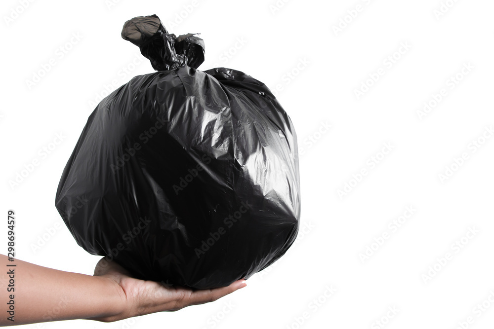 Strong man hand carry garbage in plastic bag for eliminate on the white background 
