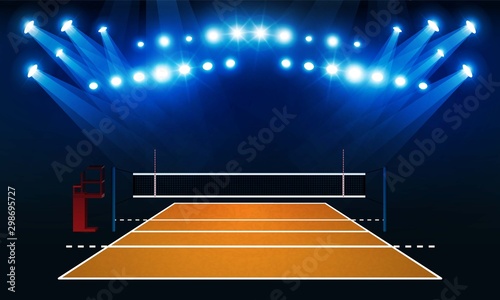 Volleyball court arena field with bright stadium lights vector design.