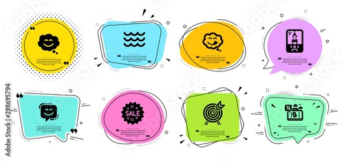 Waves, Sale and Crane claw machine line icons set. Chat bubbles with quotes. Archery, Yummy smile and Smile chat signs. Travel loan symbol. Water wave, Shopping star. Holidays set. Vector