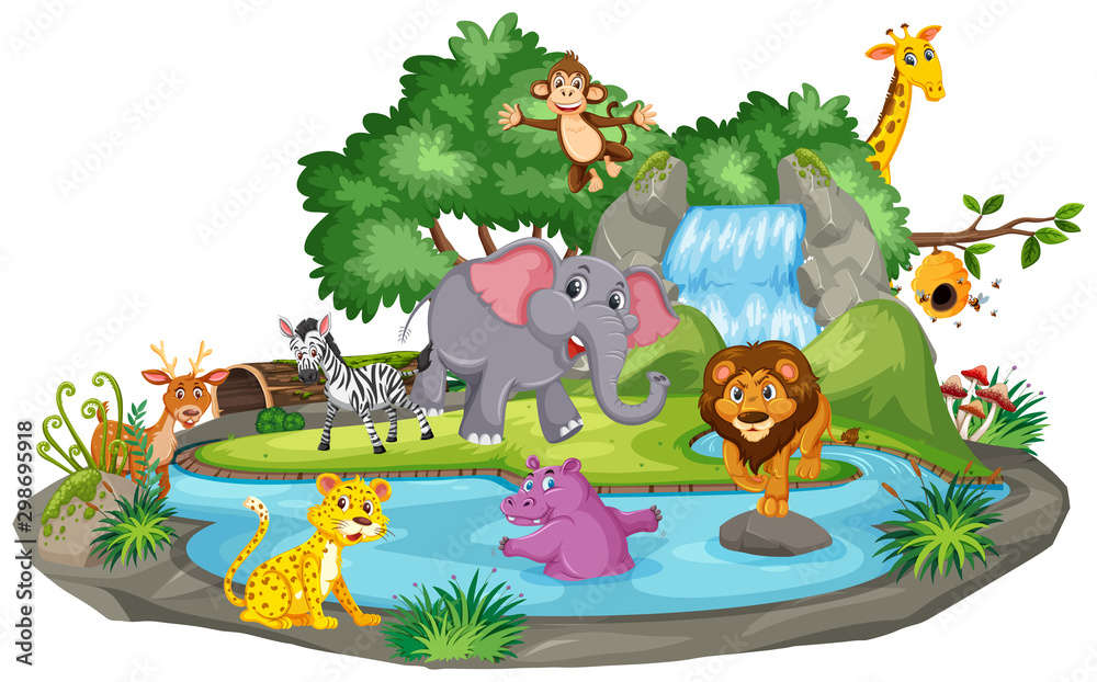 Background scene of many animals at the waterfall Stock Vector | Adobe Stock