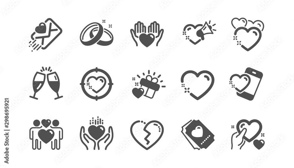 Love icons. Gift box, Heart and Romantic letter. Wedding rings, glasses with champagne, love heart icons. Classic set. Quality set. Vector Love icons. Gift box, Heart and Romantic letter. Wedding rings, glasses with champagne, love heart icons. Classic set. Quality set. Vector