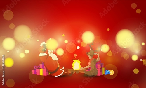 Santa and the little deer sitting on a celebration at the bonfire And gifts on red background for vector magic holiday poster design