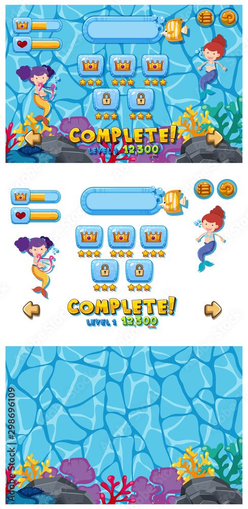Set of game template with mermaids underwater