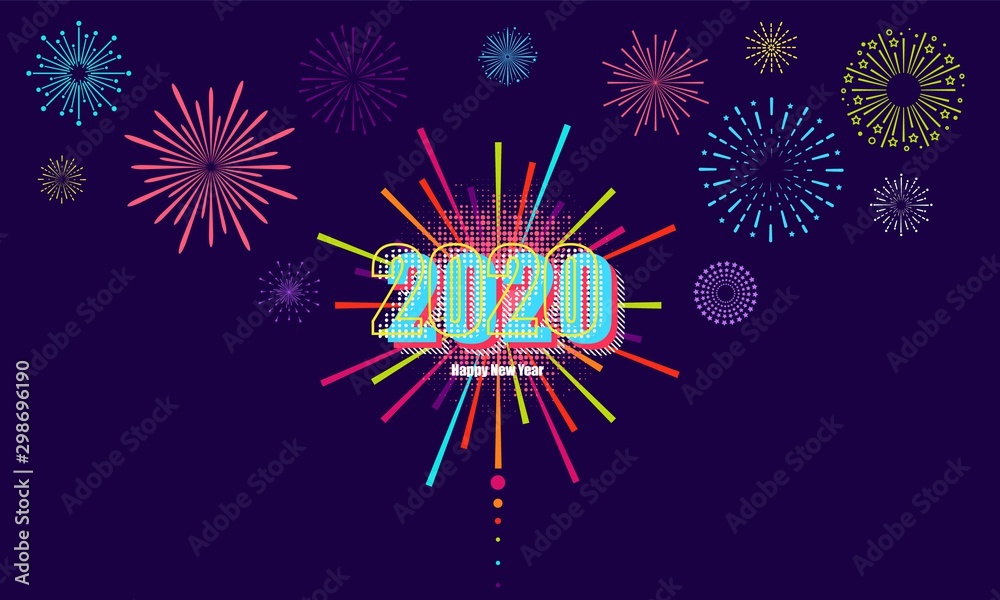 Obraz premium 2020, Greeting card with inscription Happy New Year 2020 on Firework background vector design