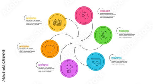 Money exchange, Bitcoin think and Seo targeting line icons set. Infographic timeline. Arena stadium, Heart and Reward signs. Cash in bag, Cryptocurrency head, Performance. Sport complex. Vector