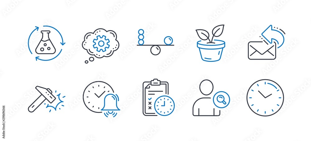 Set of Business icons, such as Balance, Share mail, Alarm bell, Find user, Hammer blow, Exam time, Chemistry experiment, Cogwheel, Leaves, Time line icons. Concentration, New e-mail. Vector