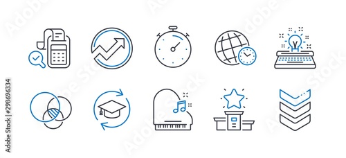 Set of Education icons, such as Piano, Time zone, Continuing education, Audit, Euler diagram, Timer, Bill accounting, Winner podium, Typewriter, Shoulder strap line icons. Line piano icon. Vector photo