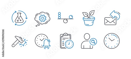 Set of Business icons, such as Balance, Share mail, Alarm bell, Find user, Hammer blow, Exam time, Chemistry experiment, Cogwheel, Leaves, Time line icons. Concentration, New e-mail. Vector